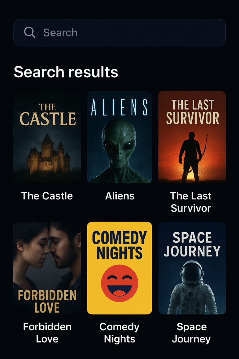 Castle app search results screen showing movie and TV show thumbnails
